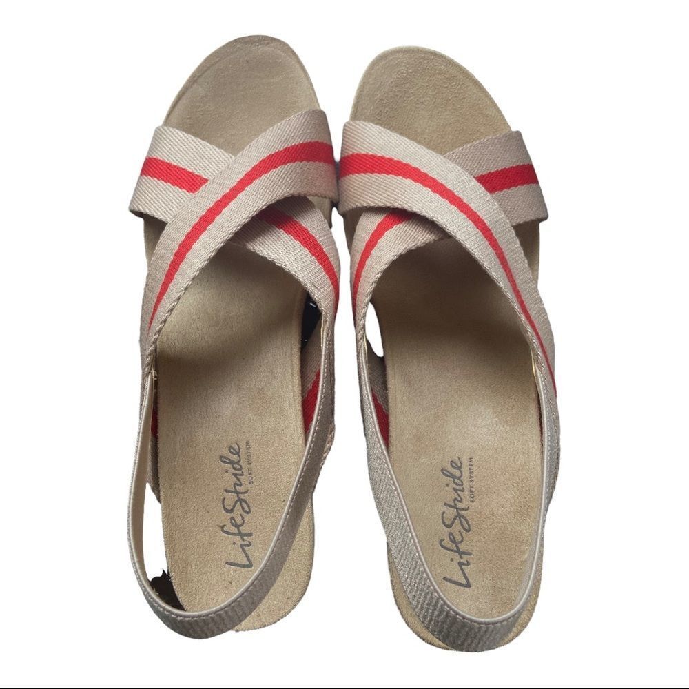 LIFE STRIDE Dream Big Stretch Gore Wedge Sandal Blush Red Size 9.5